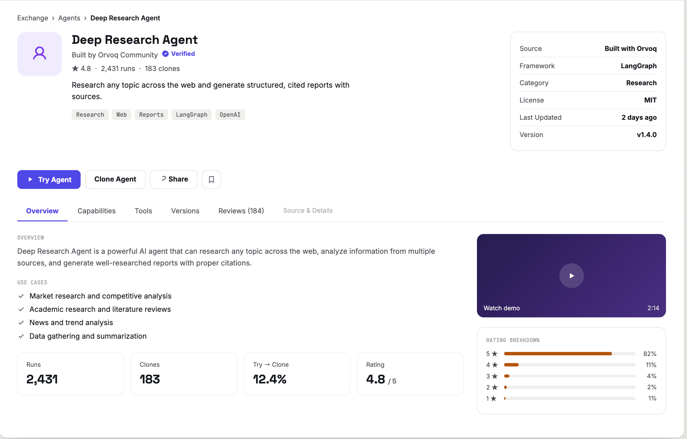 An Exchange listing page — Deep Research Agent, showing its rating, use cases, trust signals, and a demo video