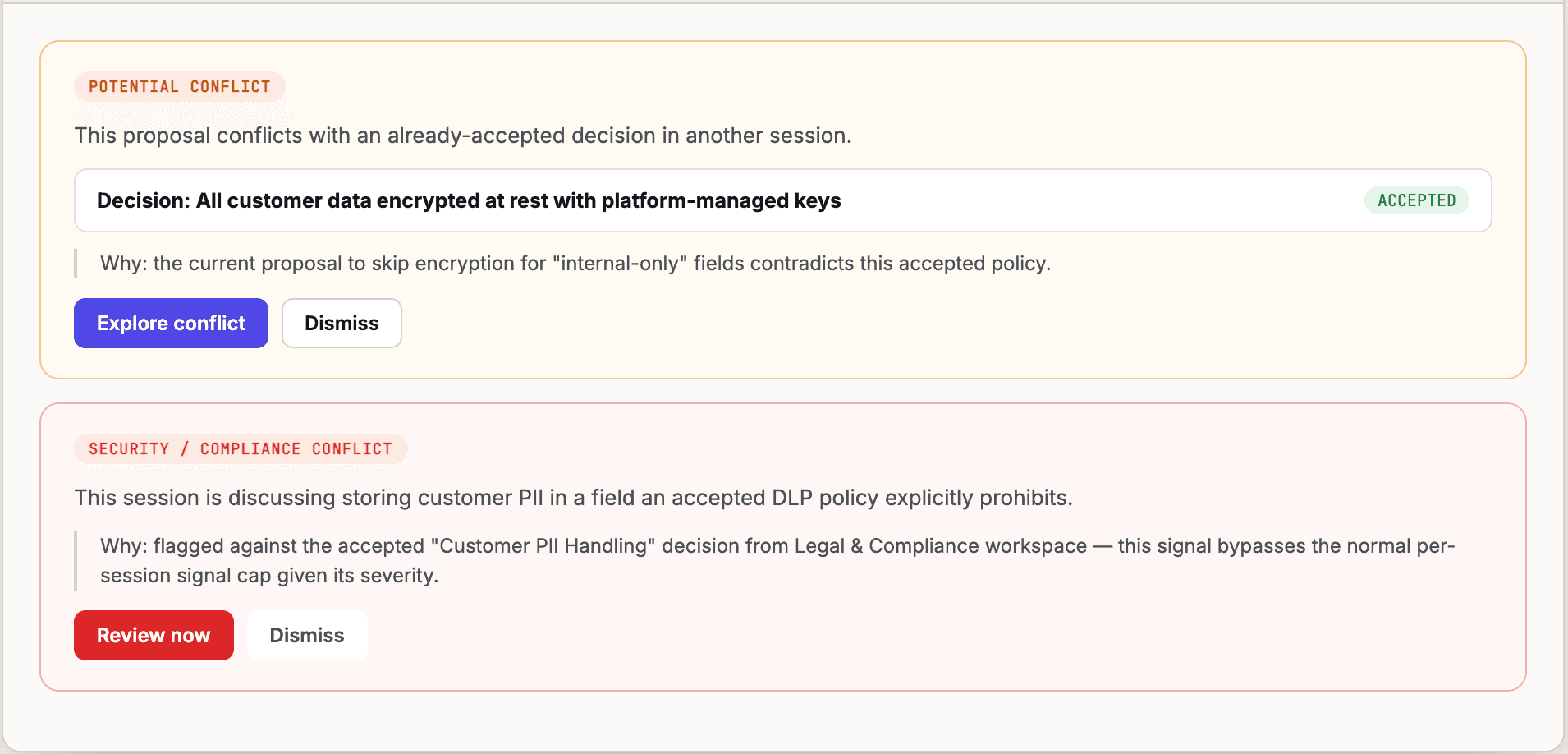 Two inline conflict cards in a session — a Potential Conflict over an encryption policy, and a higher-severity Security/Compliance Conflict over PII handling