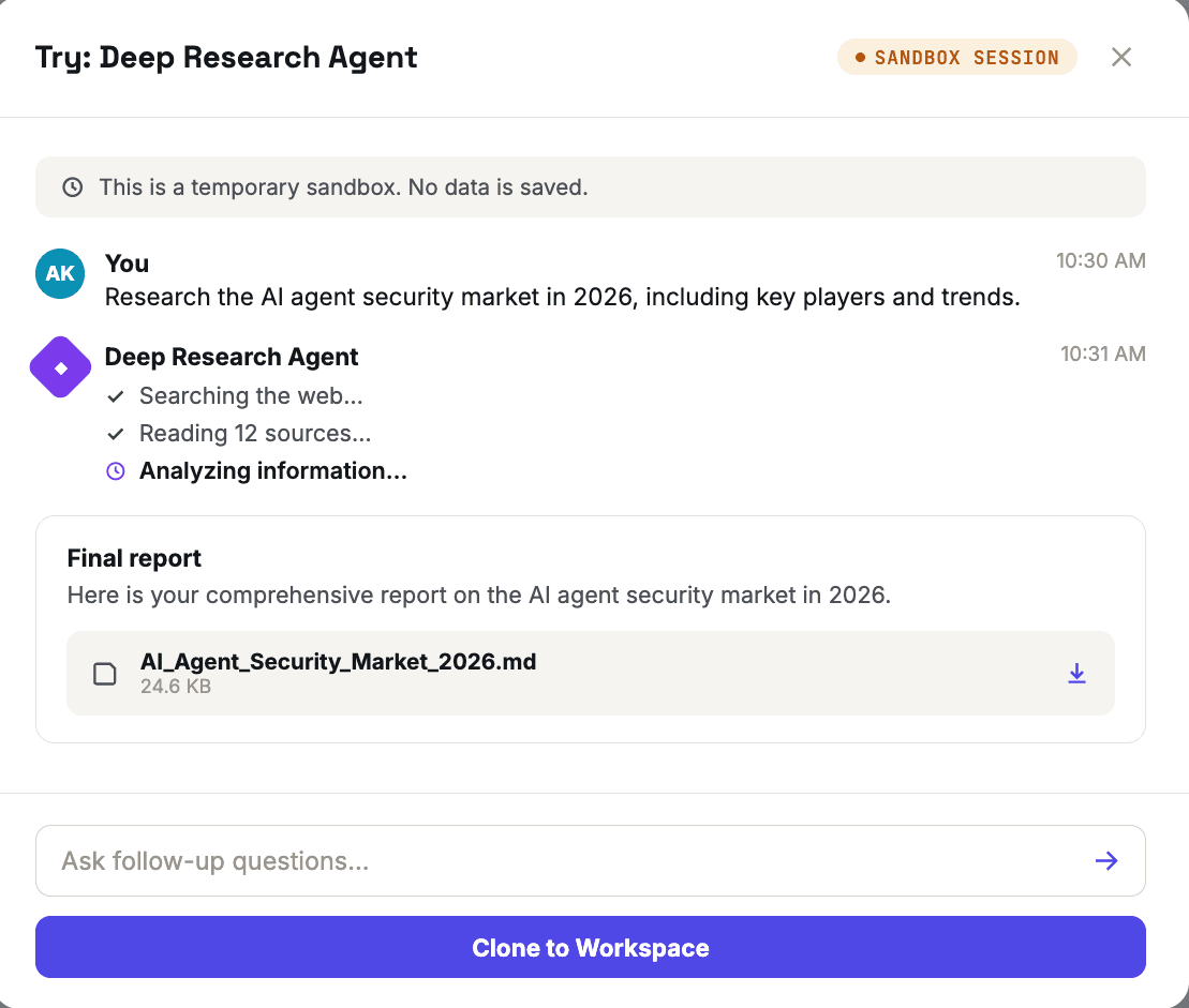 A live Try Agent sandbox session — the agent working through a research task step by step